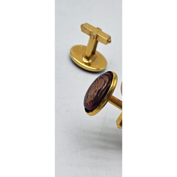 Vintage Roman Trojan Soldier Cufflinks Gold Brown Lucite 0.52 Inch Diameter - Picture 4 of 5